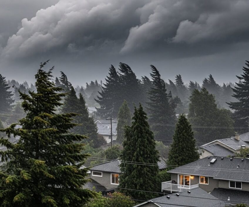 Storm clouds gathering over Vancouver homes before wind and rain roof damage